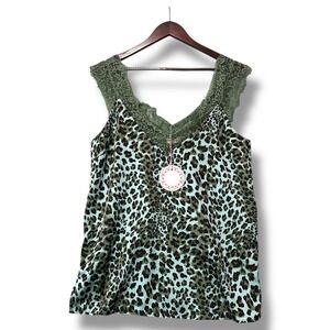 Umgee USA Green Leopard Print Lace Trim Boho Sz M Boho Y2K Retro Resort Feminine